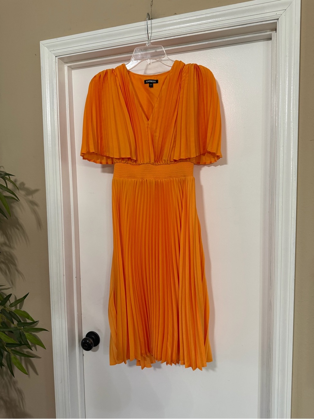 Express Tangerine Pleated V-Neck Midi Dress